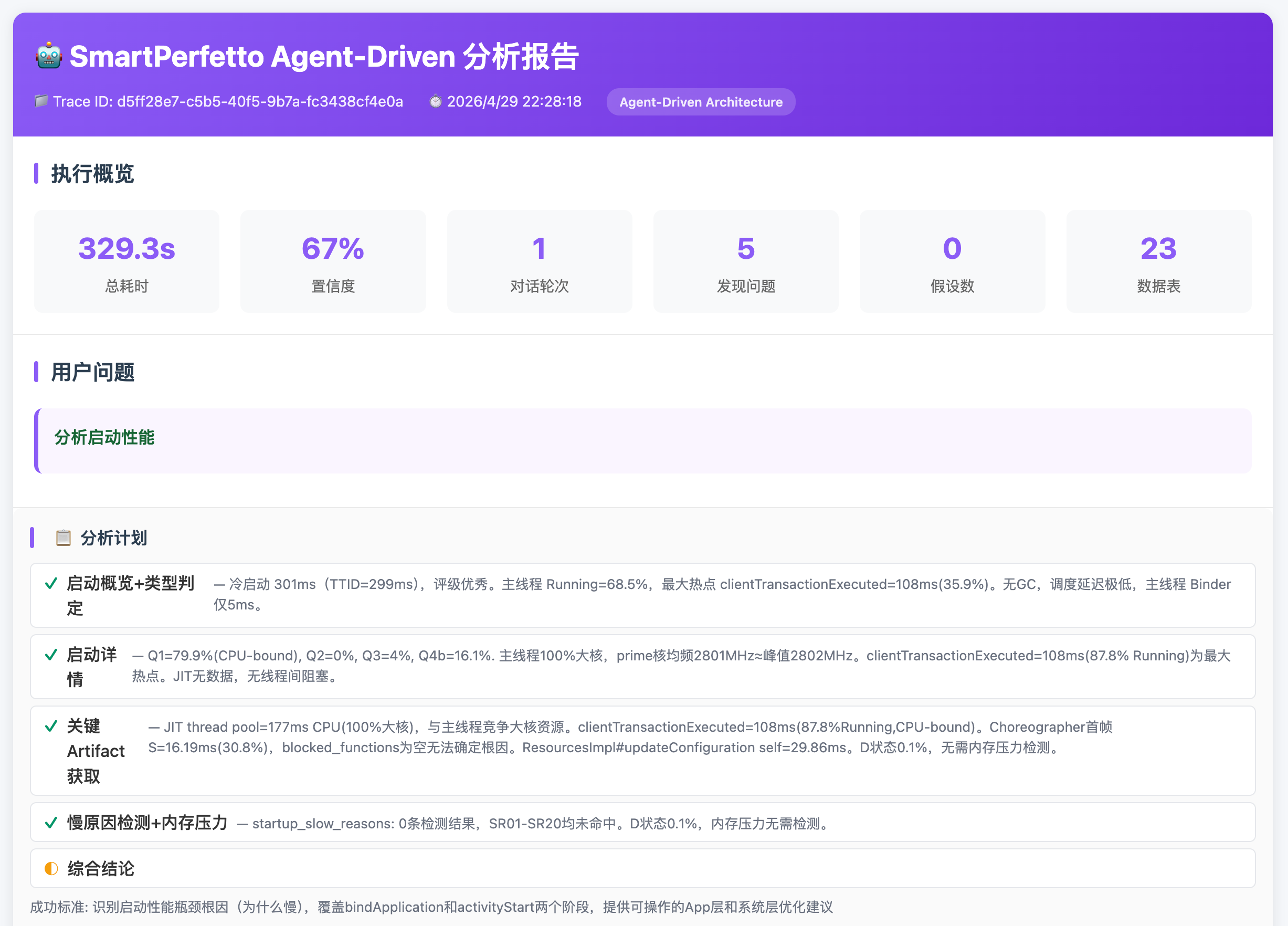 SmartPerfetto runtime screenshot: structured analysis report